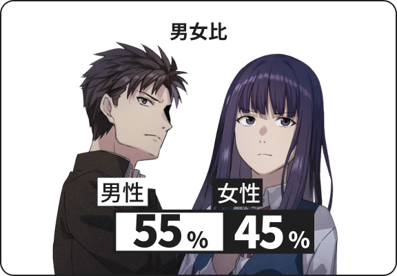 男女比: 男性55%, 女性45%